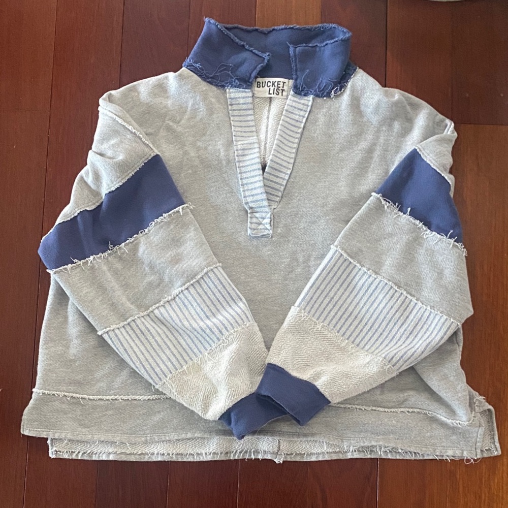 BUCKETLIST Light Gray and Navy Patchwork Pullover Sweater